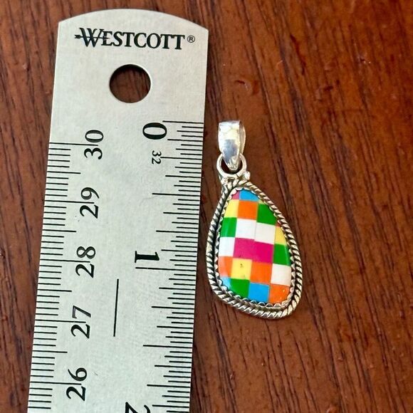 Stunning Aurora Opal Checkerboard Pendant Necklace 925 Sterling Silver Teardrop - Picture 7 of 7